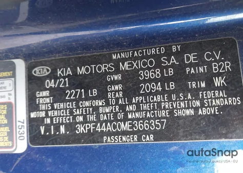 2021 Kia Forte Gt из США, поврежденный, VIN 3KPF44AC0ME366357